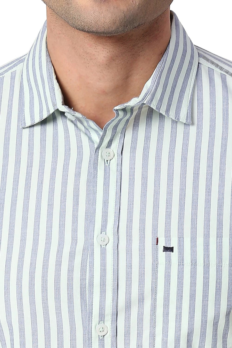 BASICS SLIM FIT DUSTY GREEN COTTON STRIPE SHIRT