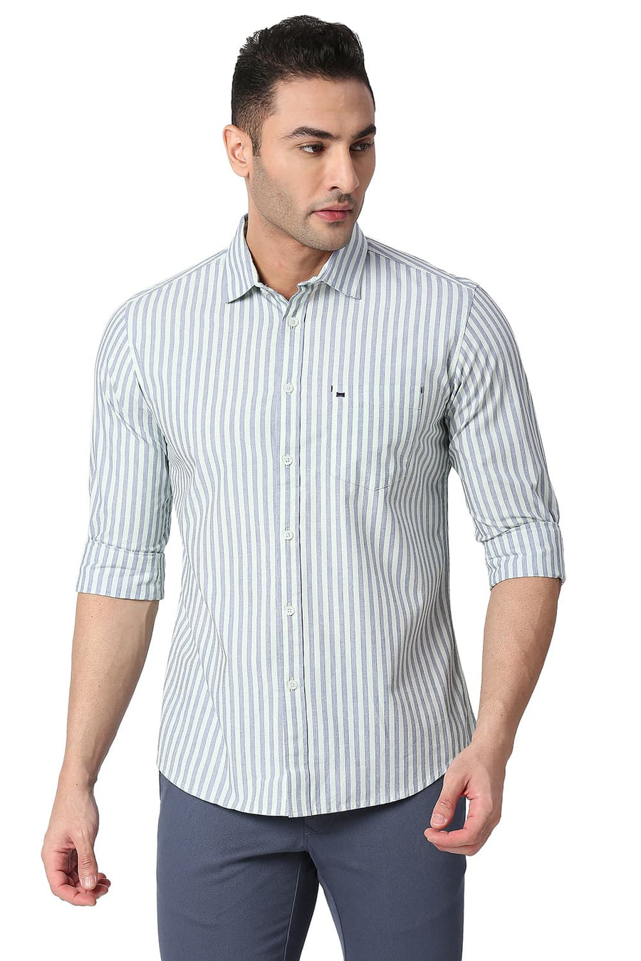 BASICS SLIM FIT DUSTY GREEN COTTON STRIPE SHIRT