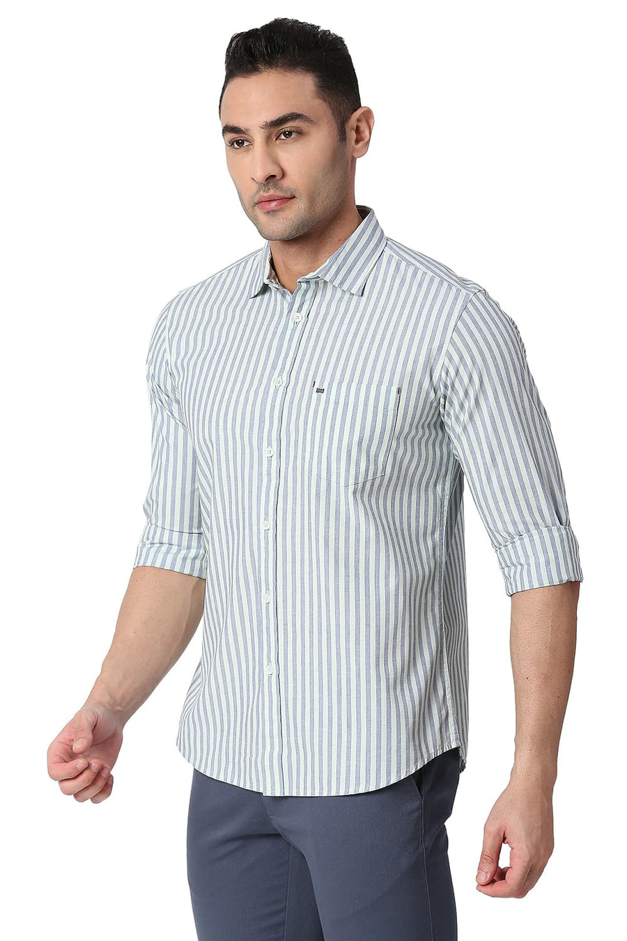BASICS SLIM FIT DUSTY GREEN COTTON STRIPE SHIRT