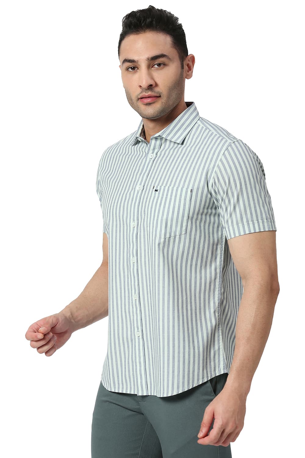 BASICS SLIM FIT COTTON STRIPE HALFSLEEVES SHIRT