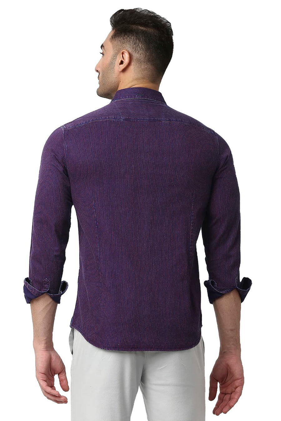 BASICS SLIM FIT SCARLET RED COTTON INDIGO STRIPE SHIRT