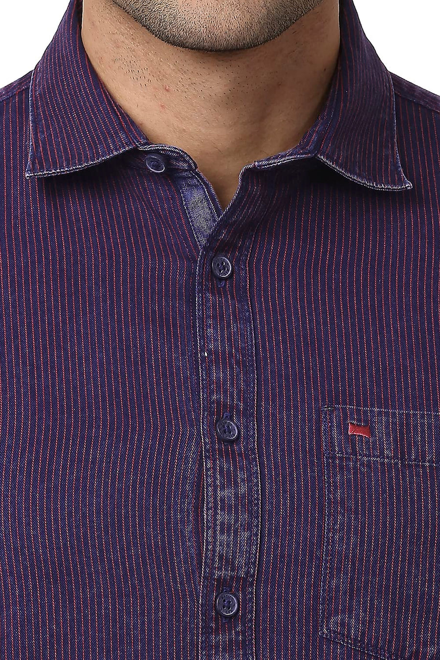 BASICS SLIM FIT SCARLET RED COTTON INDIGO STRIPE SHIRT