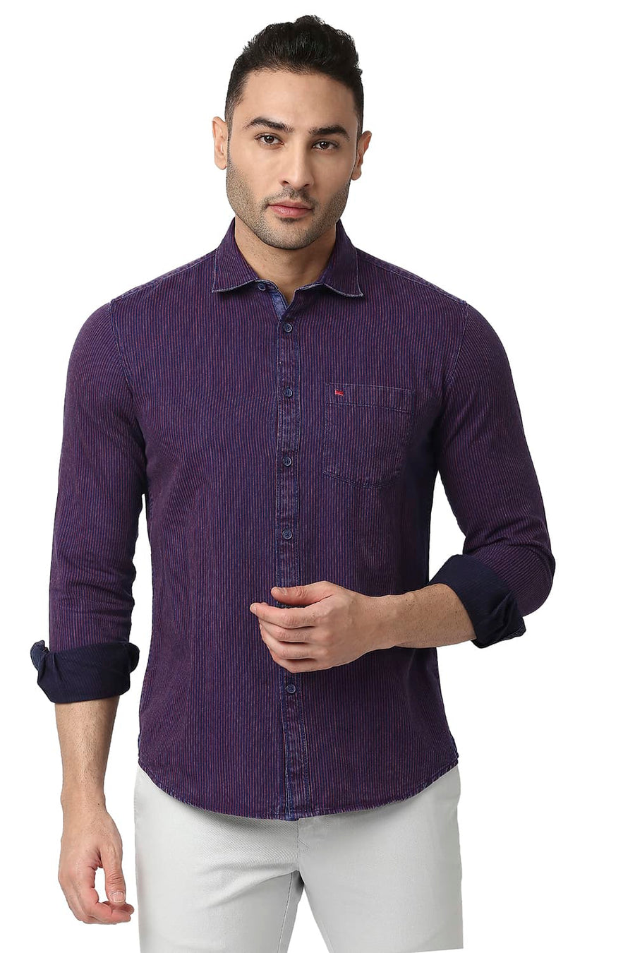 BASICS SLIM FIT SCARLET RED COTTON INDIGO STRIPE SHIRT