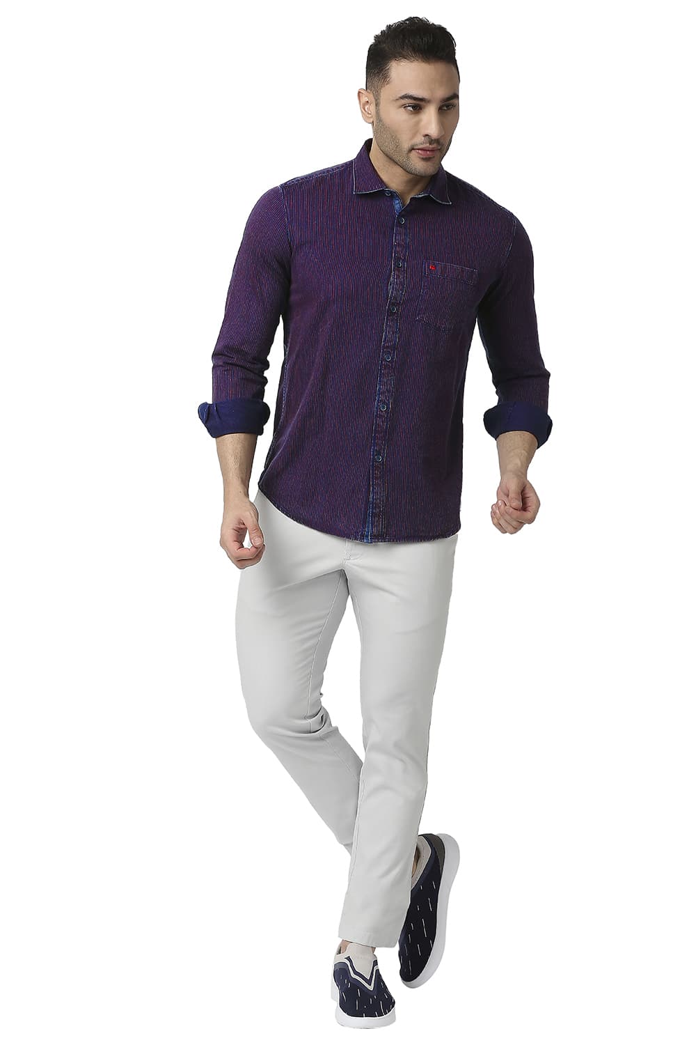 BASICS SLIM FIT COTTON INDIGO STRIPE SHIRT