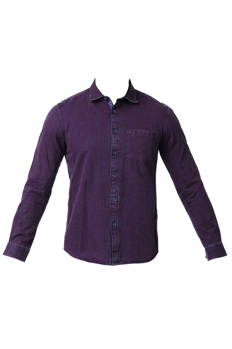 BASICS SLIM FIT SCARLET RED COTTON INDIGO STRIPE SHIRT