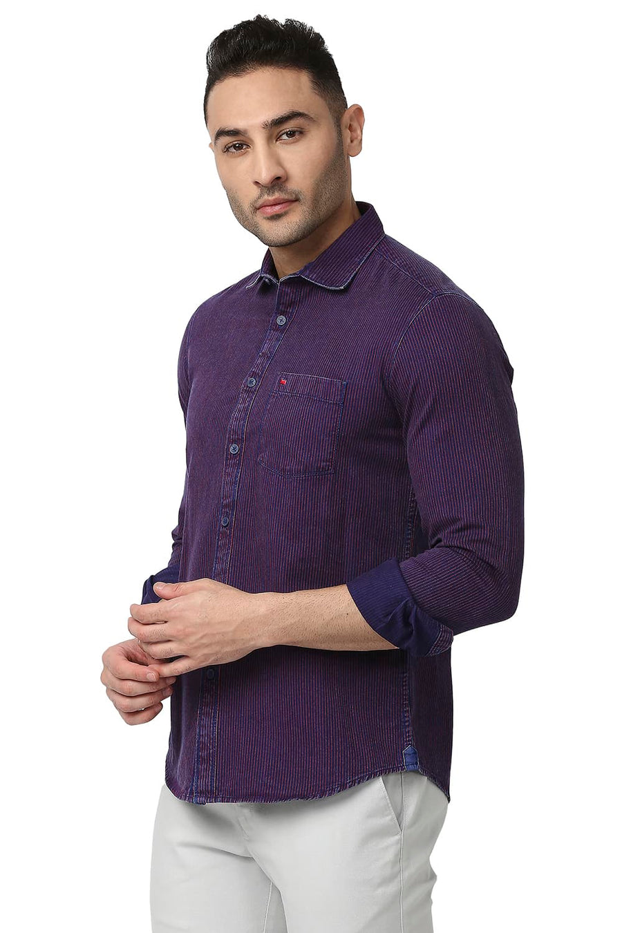 BASICS SLIM FIT SCARLET RED COTTON INDIGO STRIPE SHIRT