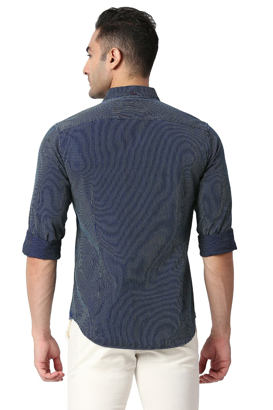BASICS SLIM FIT JADE LIME GREEN COTTON INDIGO STRIPE SHIRT