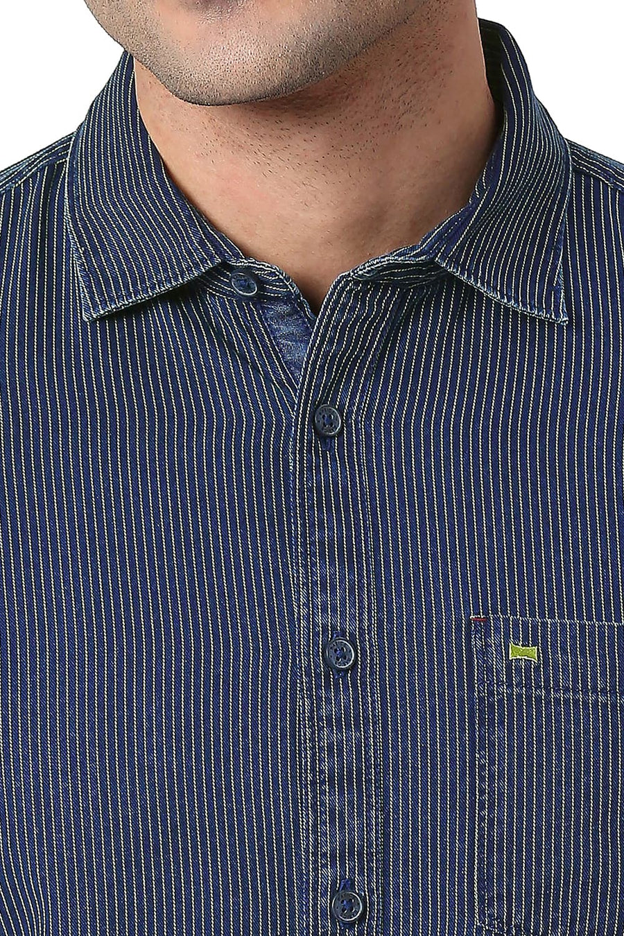 BASICS SLIM FIT JADE LIME GREEN COTTON INDIGO STRIPE SHIRT