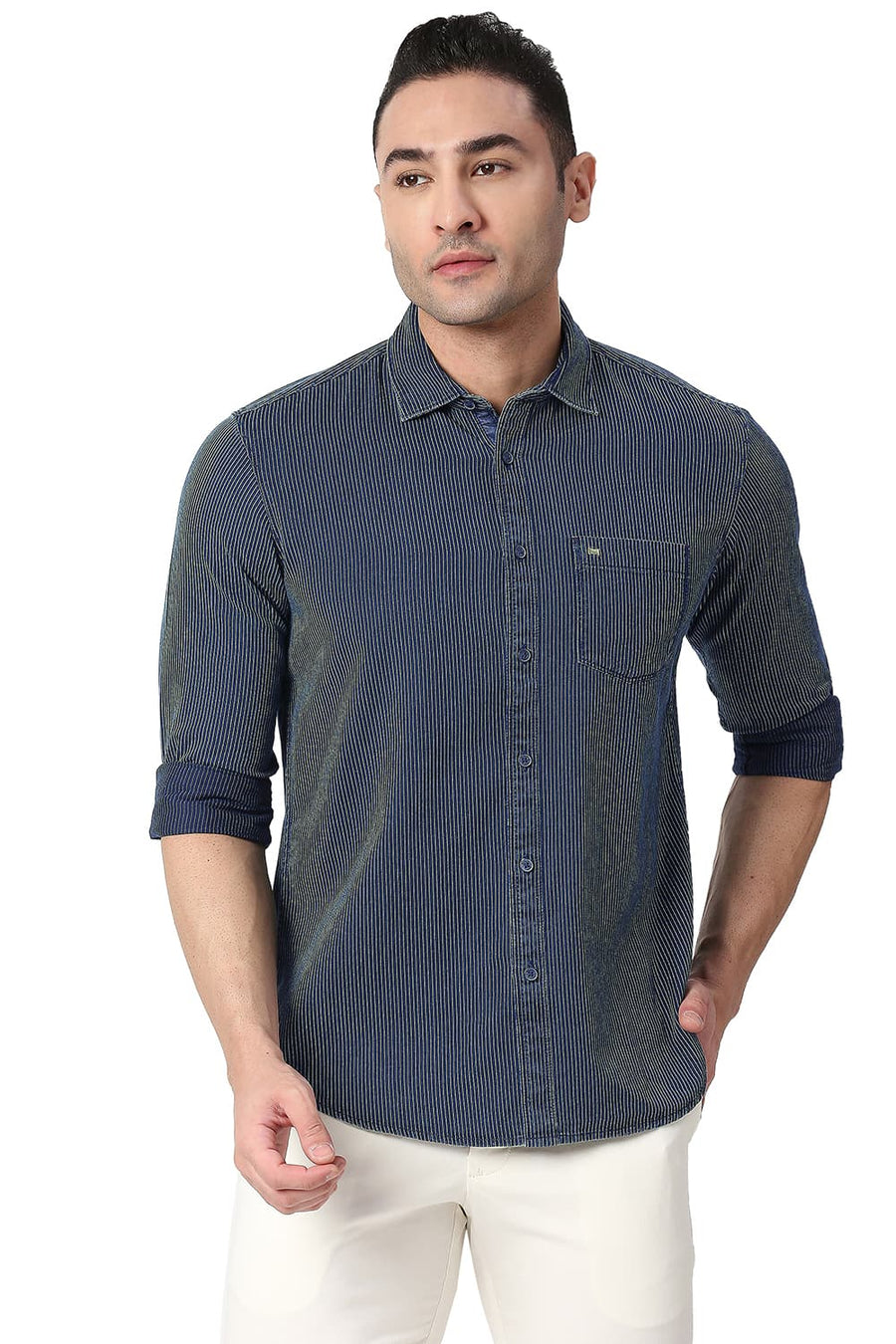 BASICS SLIM FIT JADE LIME GREEN COTTON INDIGO STRIPE SHIRT