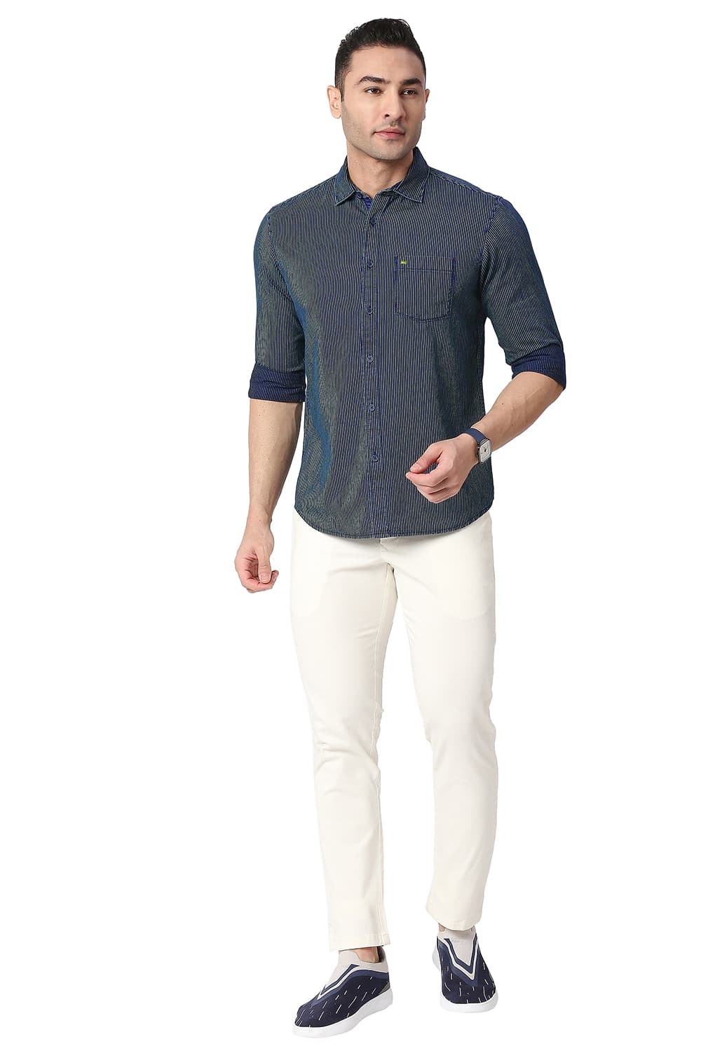 BASICS SLIM FIT COTTON INDIGO STRIPE SHIRT