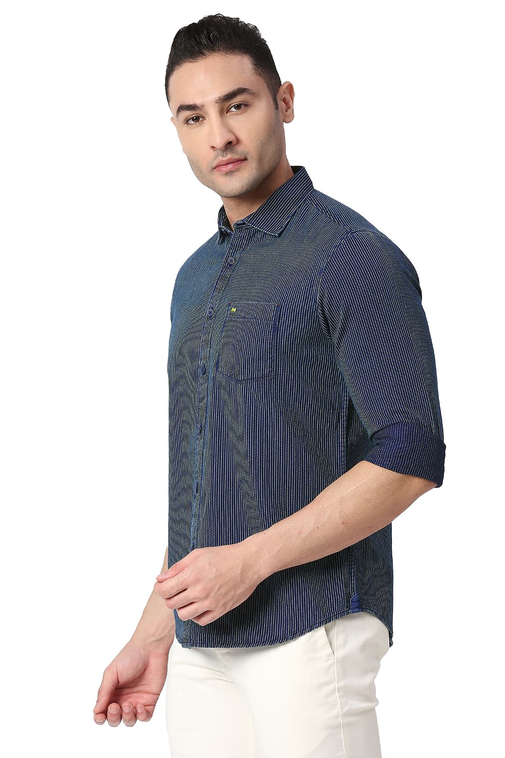 BASICS SLIM FIT COTTON INDIGO STRIPE SHIRT