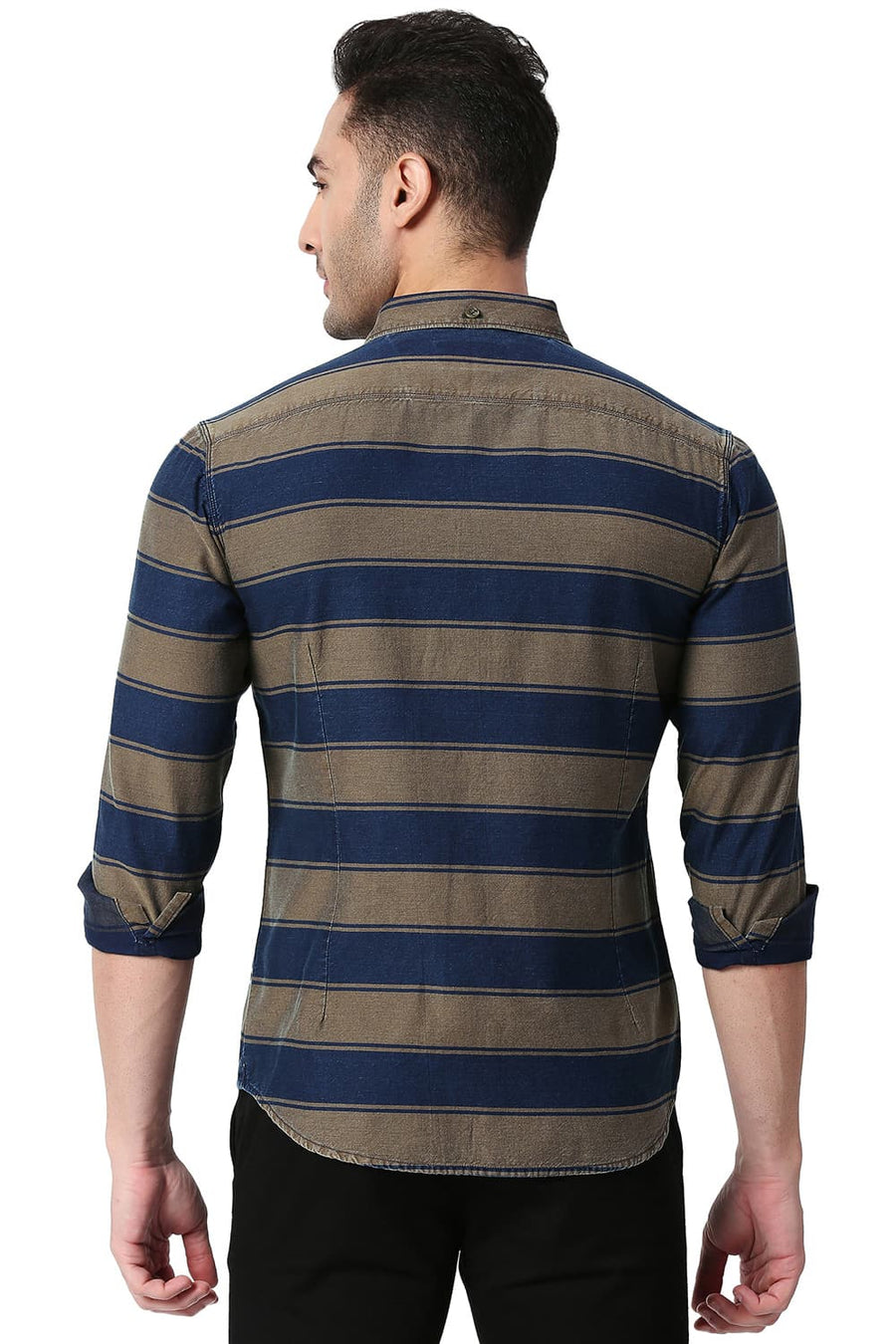BASICS SLIM FIT SUGAR BROWN COTTON INDIGO WEFT STRIPE SHIRT