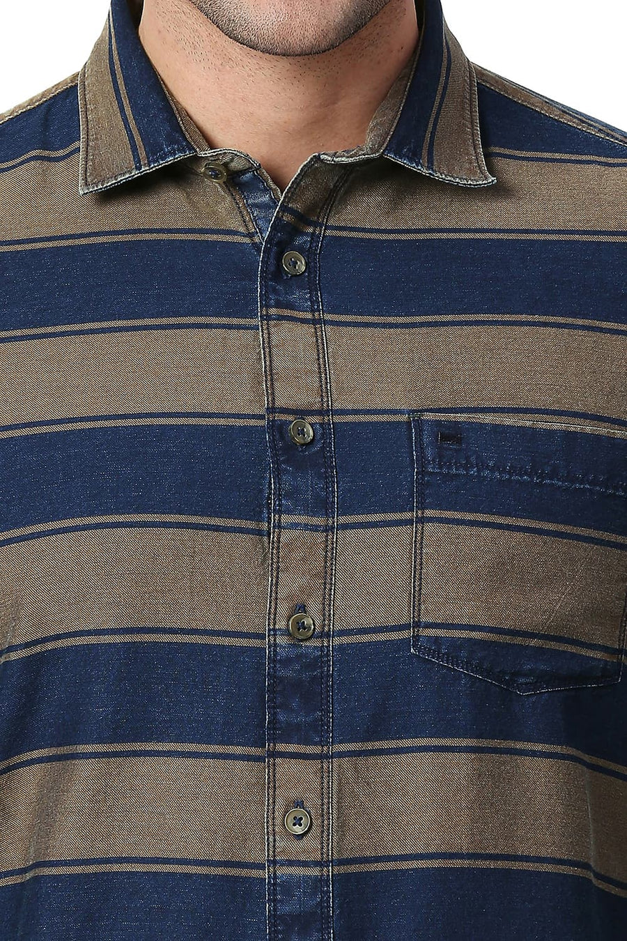 BASICS SLIM FIT SUGAR BROWN COTTON INDIGO WEFT STRIPE SHIRT