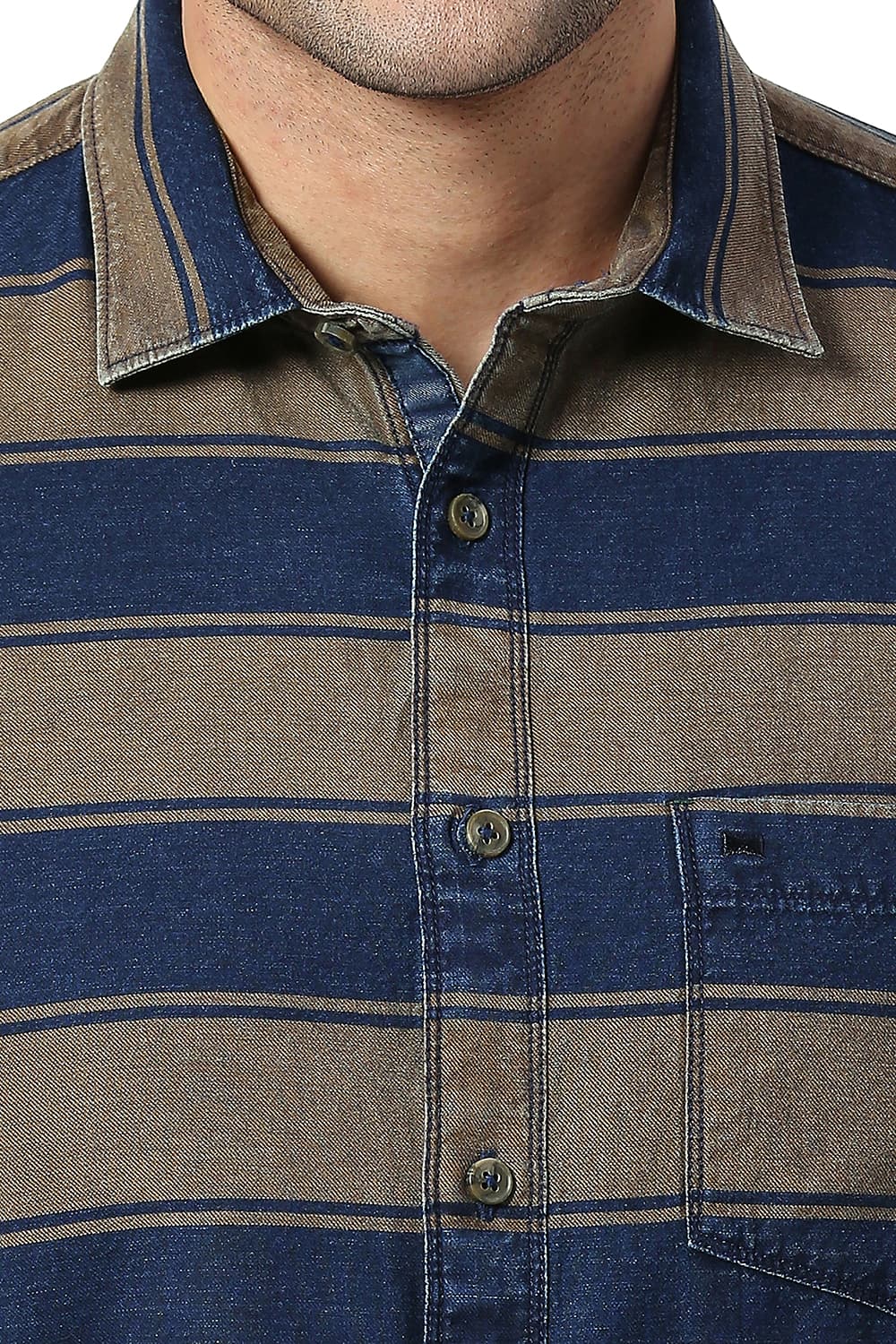 BASICS SLIM FIT COTTON INDIGO WEFT STRIPE HALFSLEEVES SHIRT