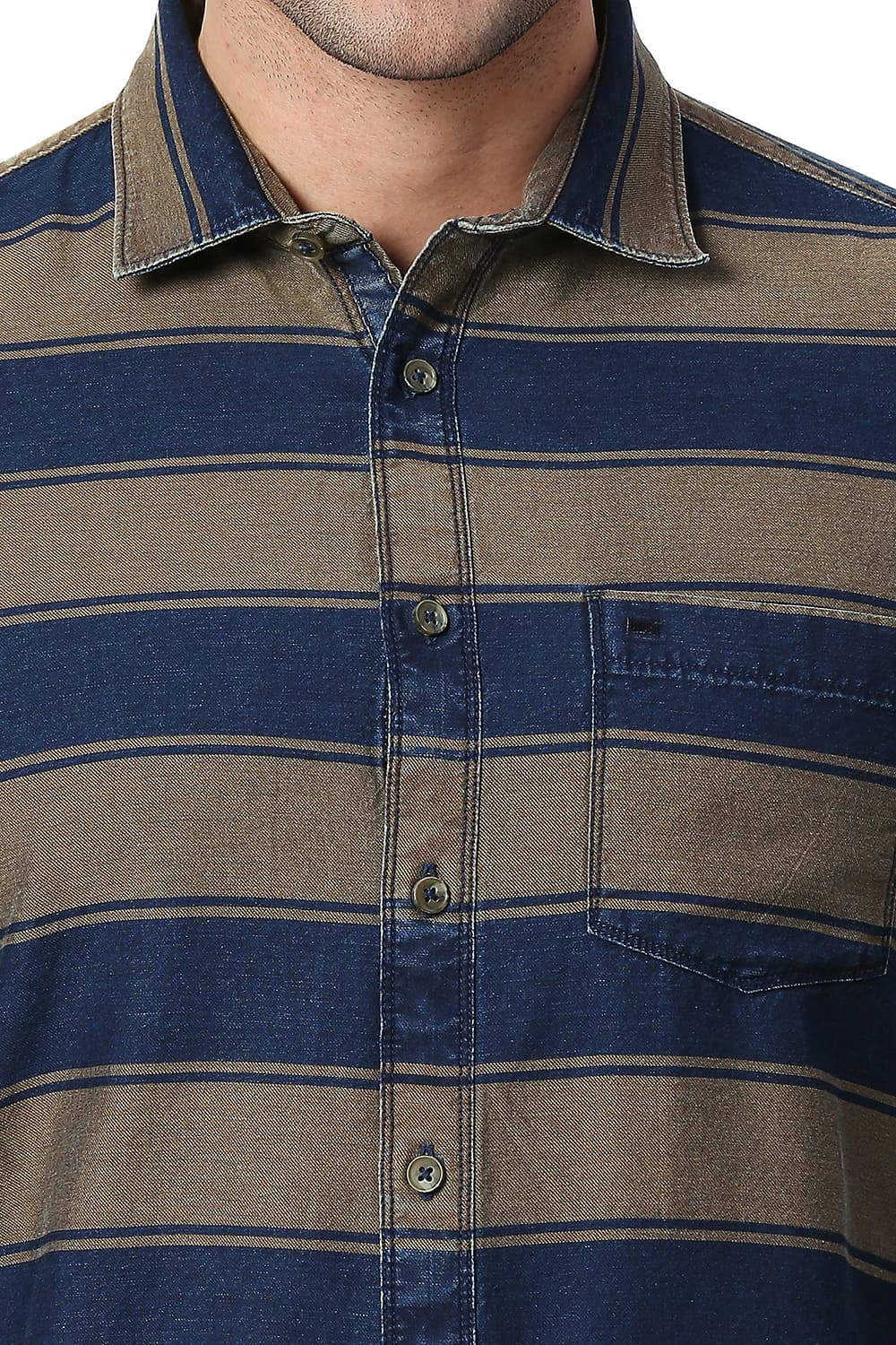 BASICS SLIM FIT COTTON INDIGO WEFT STRIPE SHIRT