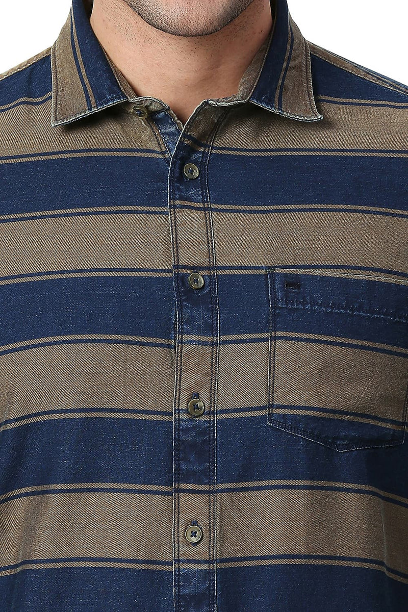 BASICS SLIM FIT COTTON INDIGO WEFT STRIPE SHIRT