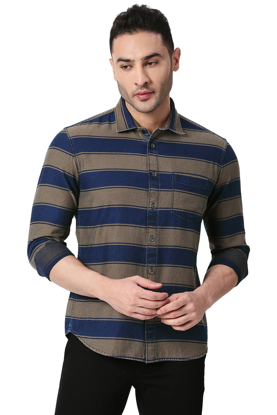 BASICS SLIM FIT SUGAR BROWN COTTON INDIGO WEFT STRIPE SHIRT