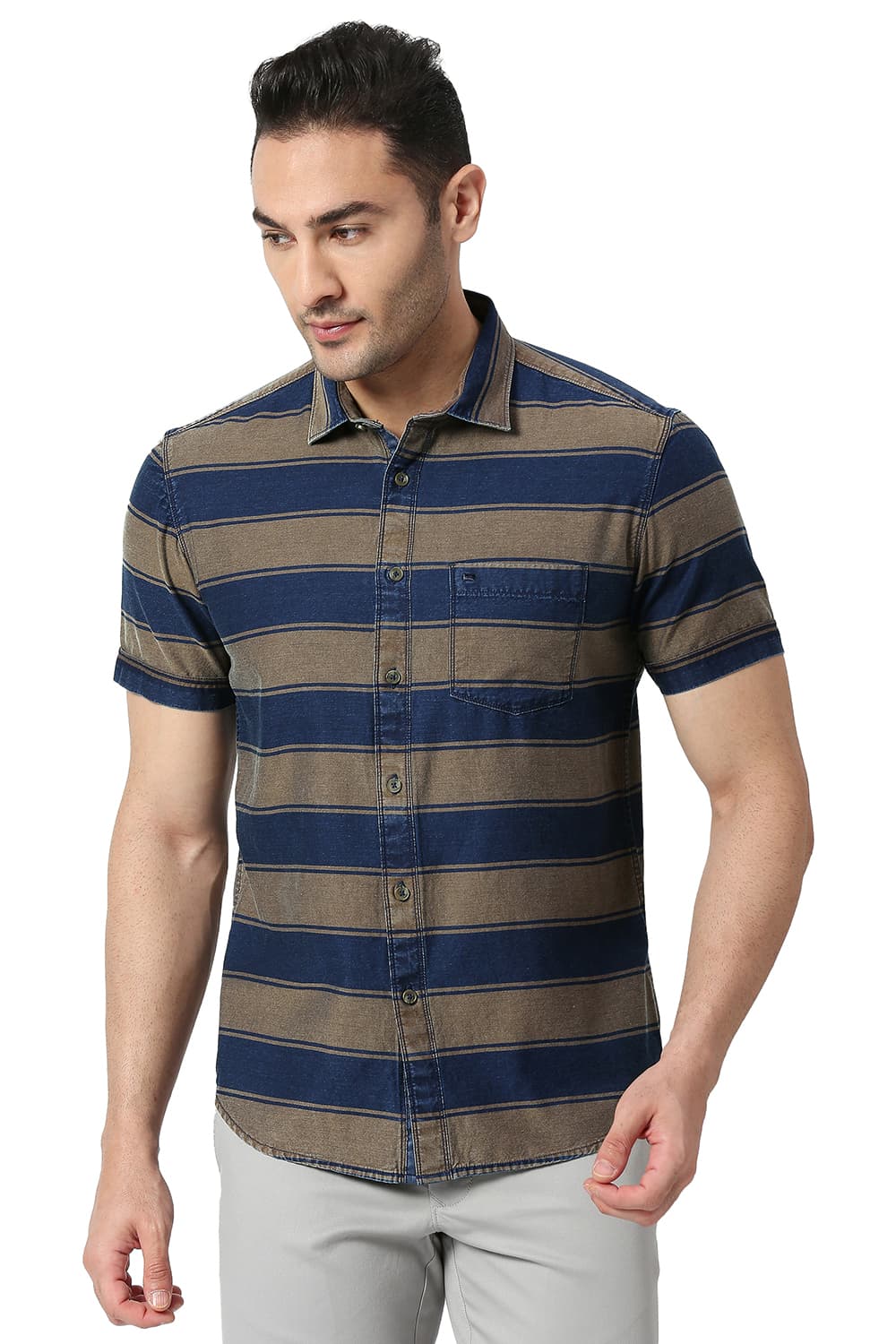 BASICS SLIM FIT COTTON INDIGO WEFT STRIPE SHIRT