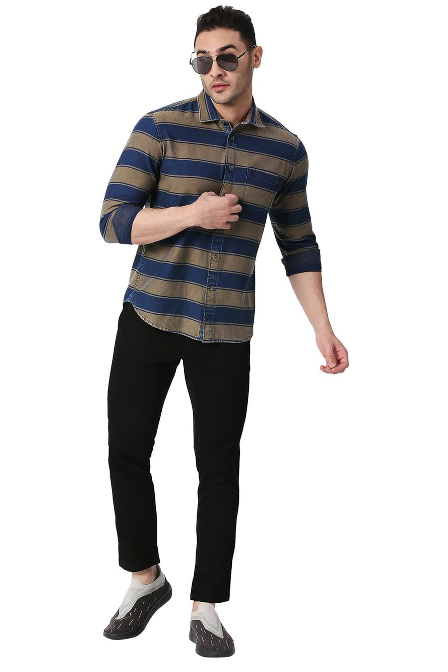 BASICS SLIM FIT SUGAR BROWN COTTON INDIGO WEFT STRIPE SHIRT