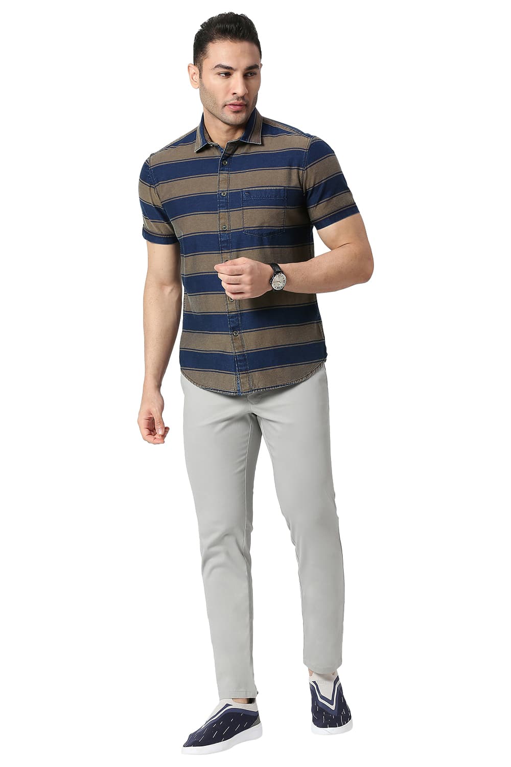 BASICS SLIM FIT COTTON INDIGO WEFT STRIPE HALFSLEEVES SHIRT