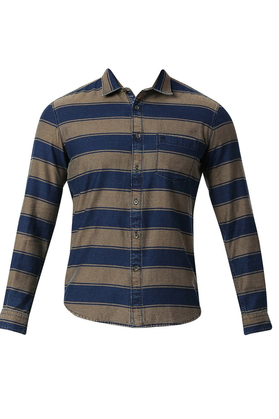 BASICS SLIM FIT SUGAR BROWN COTTON INDIGO WEFT STRIPE SHIRT