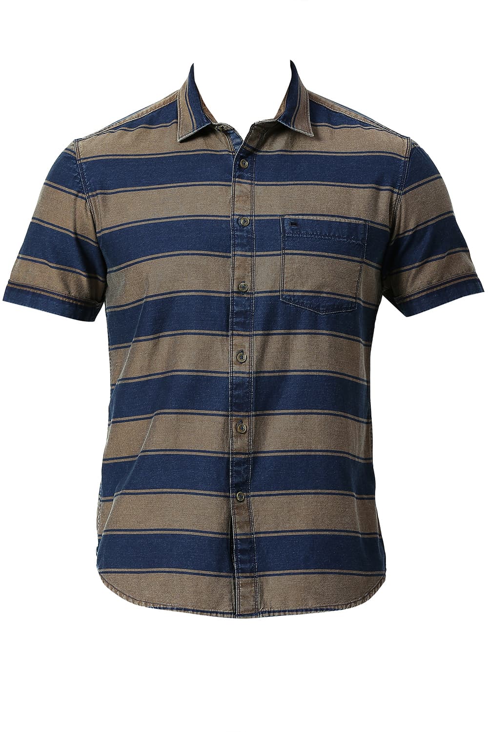 BASICS SLIM FIT COTTON INDIGO WEFT STRIPE HALFSLEEVES SHIRT
