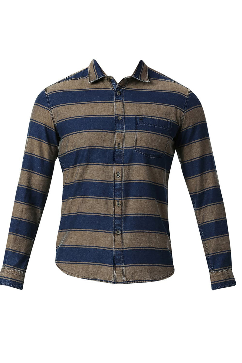 BASICS SLIM FIT COTTON INDIGO WEFT STRIPE SHIRT