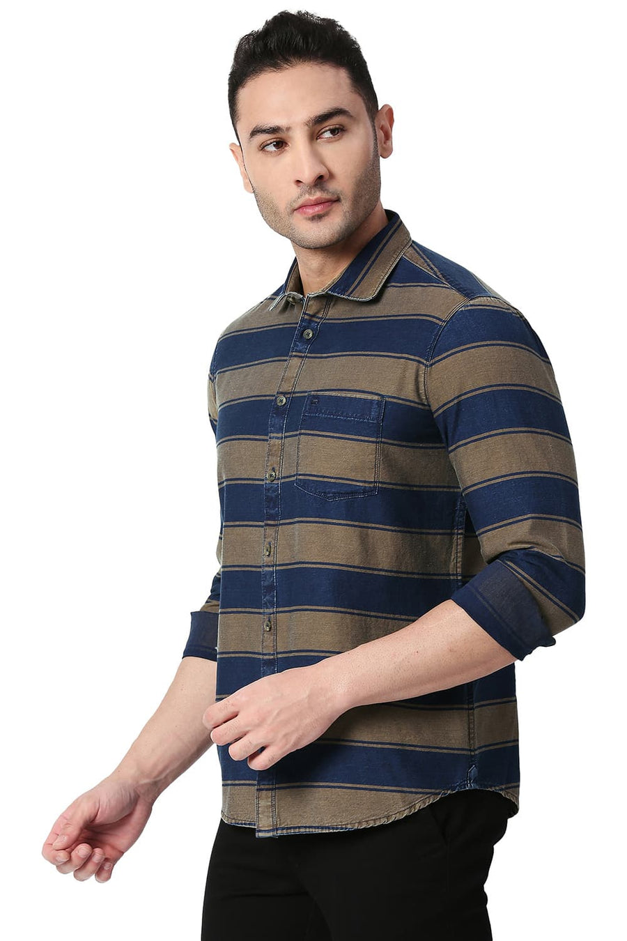 BASICS SLIM FIT SUGAR BROWN COTTON INDIGO WEFT STRIPE SHIRT