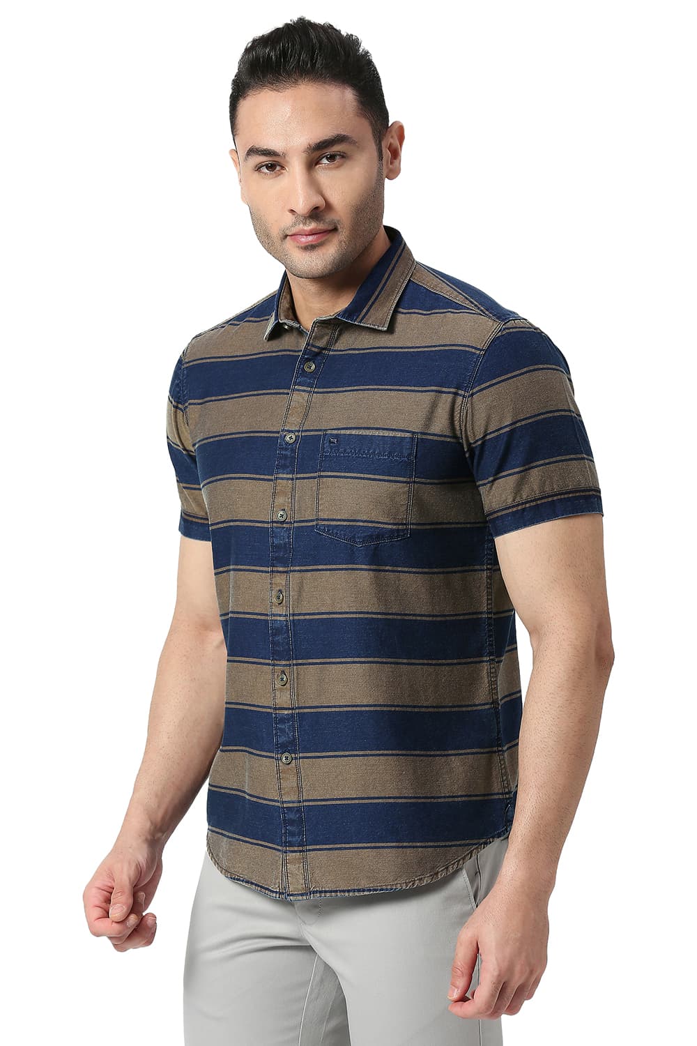 BASICS SLIM FIT COTTON INDIGO WEFT STRIPE HALFSLEEVES SHIRT