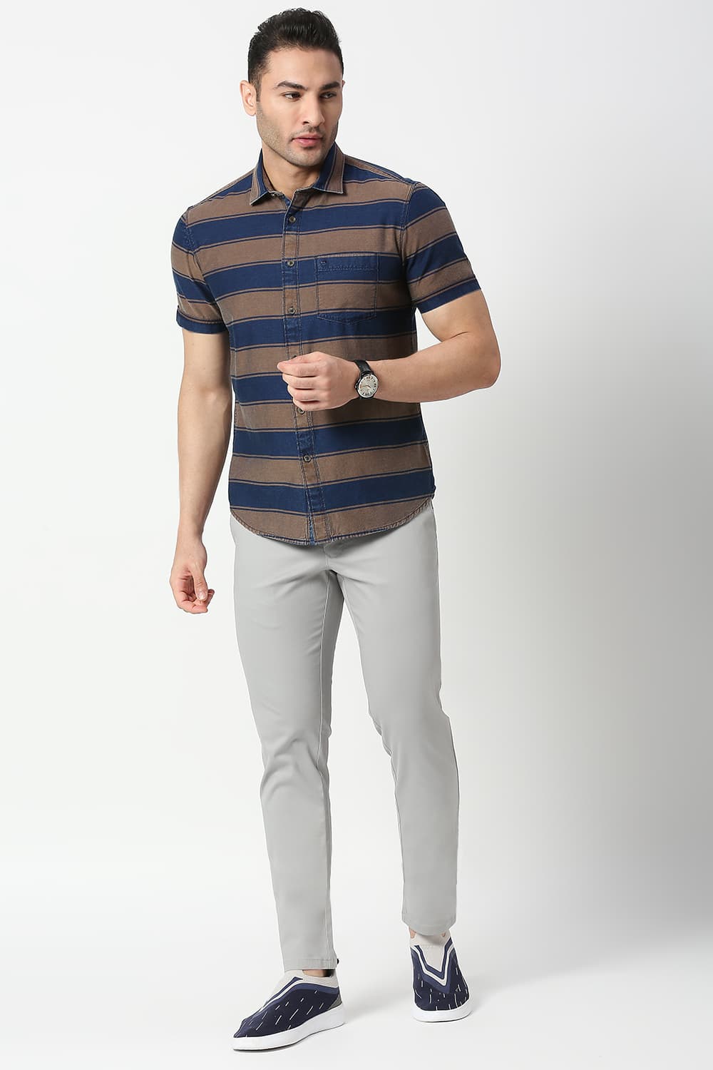 Slim Fit Cotton Indigo Weft Stripe Halfsleeves Shirt