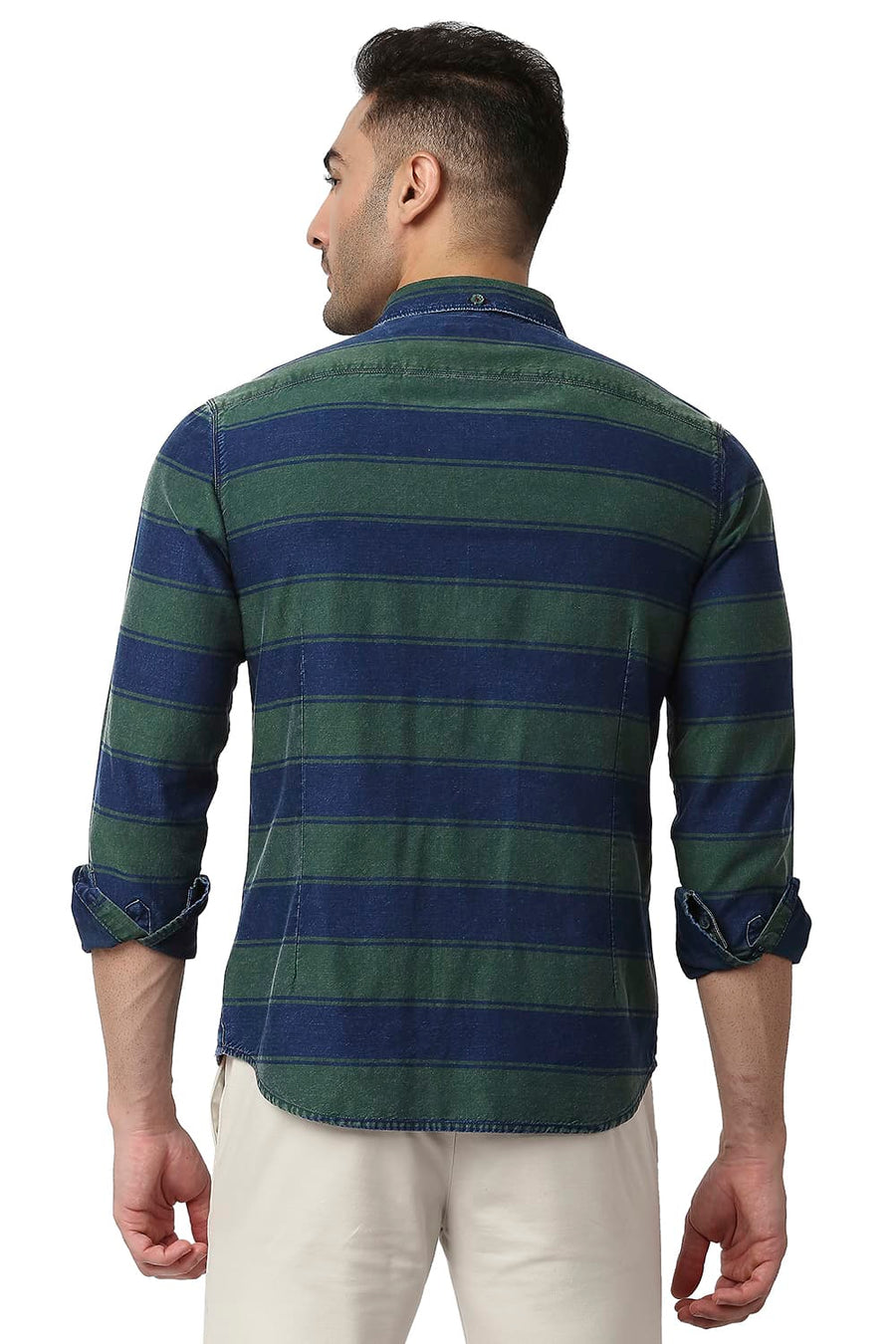BASICS SLIM FIT EDEN GREEN COTTON INDIGO WEFT STRIPE SHIRT