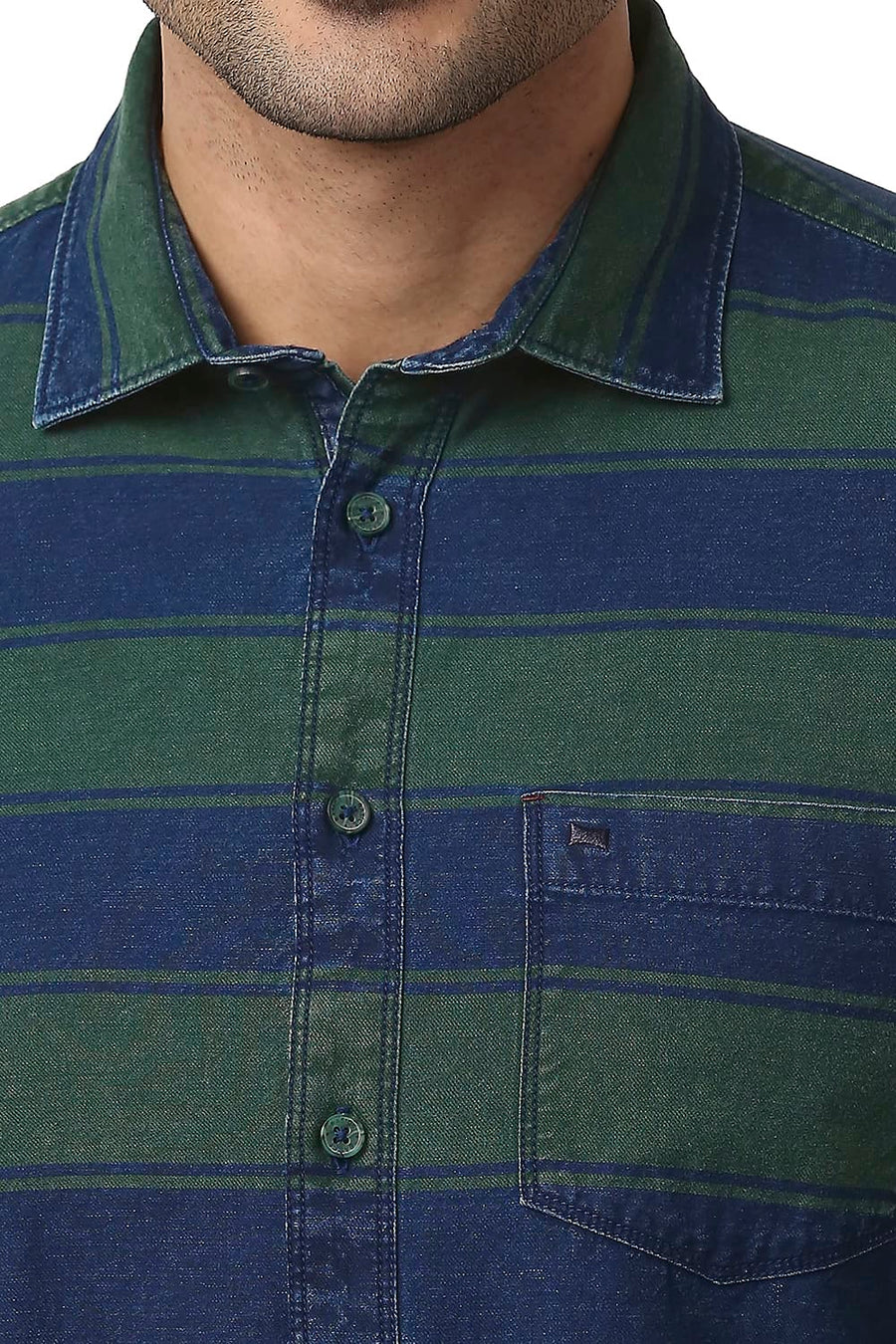 BASICS SLIM FIT EDEN GREEN COTTON INDIGO WEFT STRIPE SHIRT