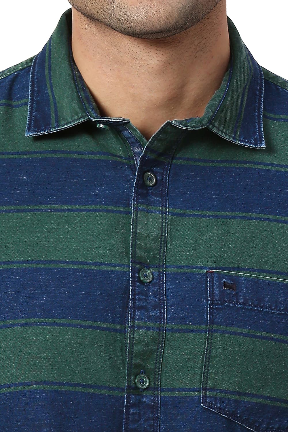BASICS SLIM FIT COTTON INDIGO WEFT STRIPE HALFSLEEVES SHIRT