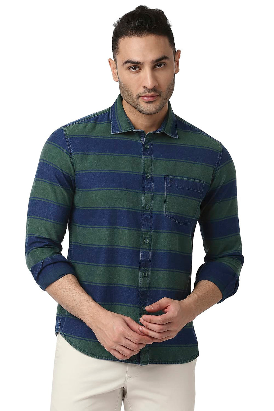 BASICS SLIM FIT EDEN GREEN COTTON INDIGO WEFT STRIPE SHIRT