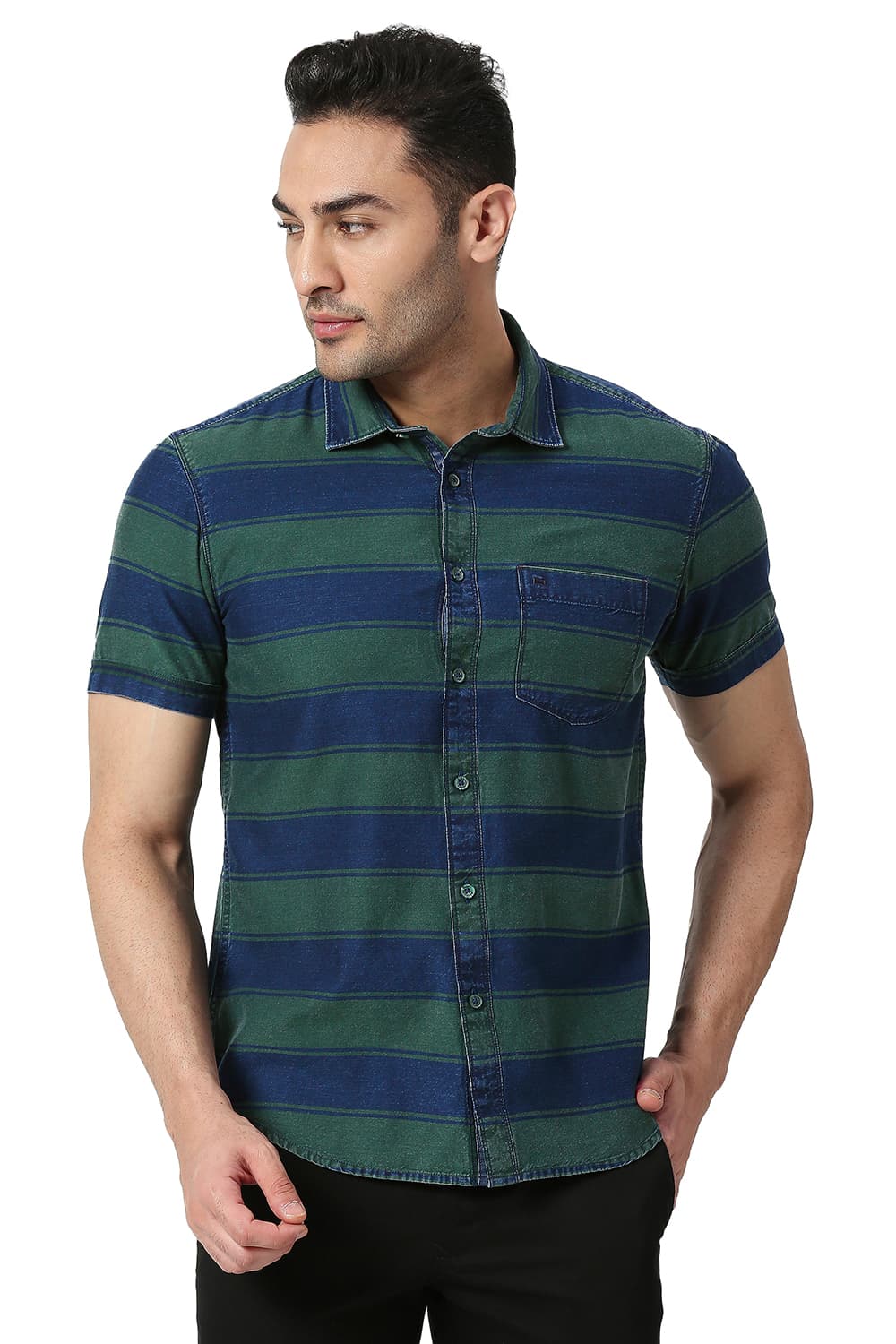 BASICS SLIM FIT COTTON INDIGO WEFT STRIPE HALFSLEEVES SHIRT
