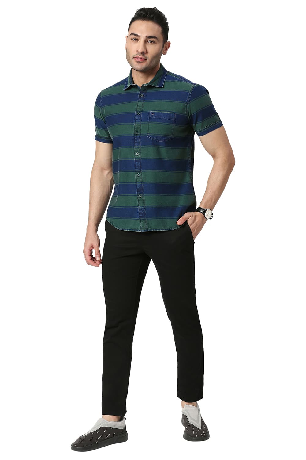 BASICS SLIM FIT COTTON INDIGO WEFT STRIPE HALFSLEEVES SHIRT