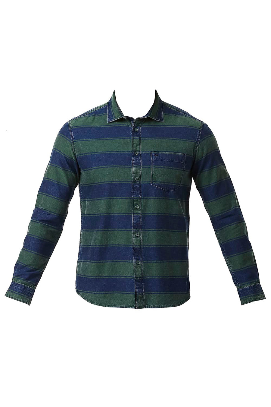 BASICS SLIM FIT EDEN GREEN COTTON INDIGO WEFT STRIPE SHIRT