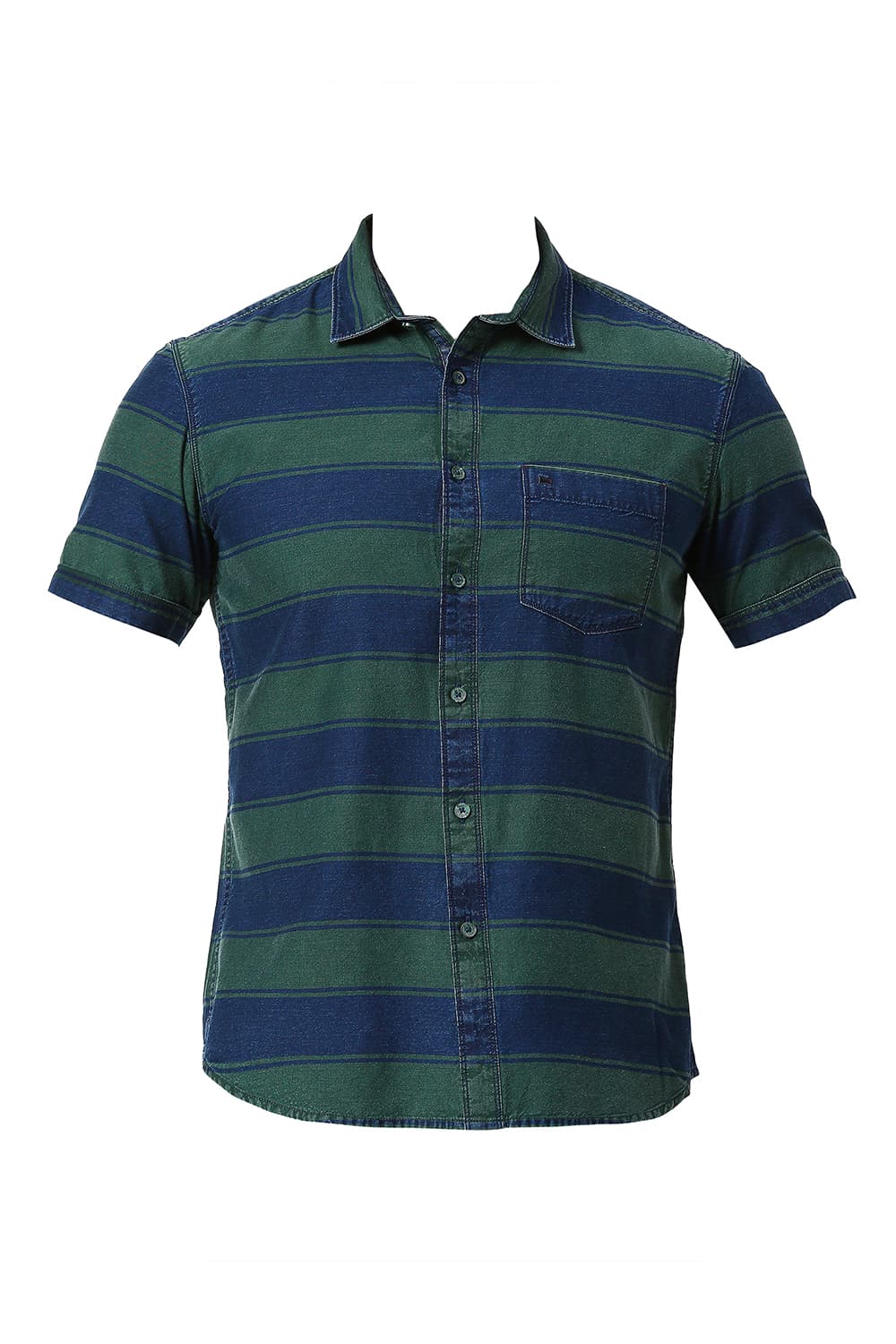 BASICS SLIM FIT COTTON INDIGO WEFT STRIPE HALFSLEEVES SHIRT