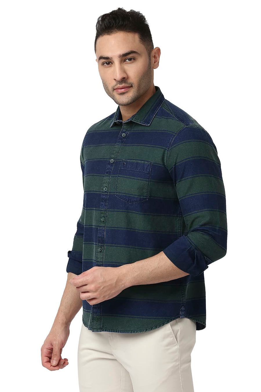 BASICS SLIM FIT EDEN GREEN COTTON INDIGO WEFT STRIPE SHIRT