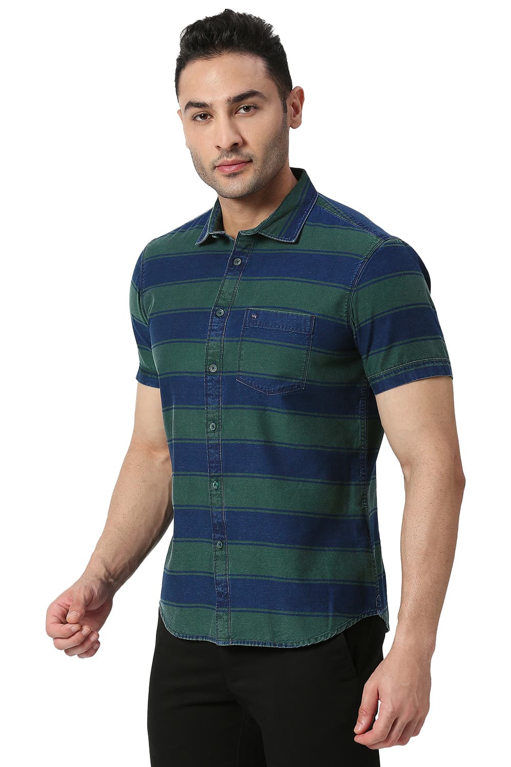 BASICS SLIM FIT COTTON INDIGO WEFT STRIPE HALFSLEEVES SHIRT