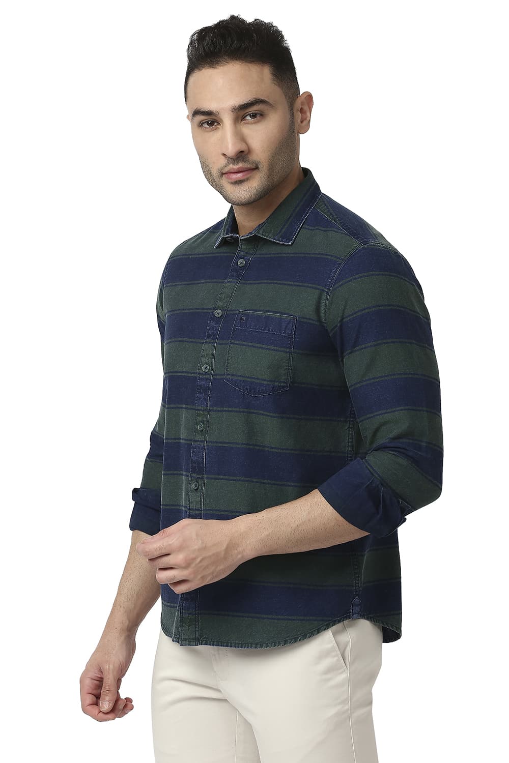 BASICS SLIM FIT COTTON INDIGO WEFT STRIPE SHIRT