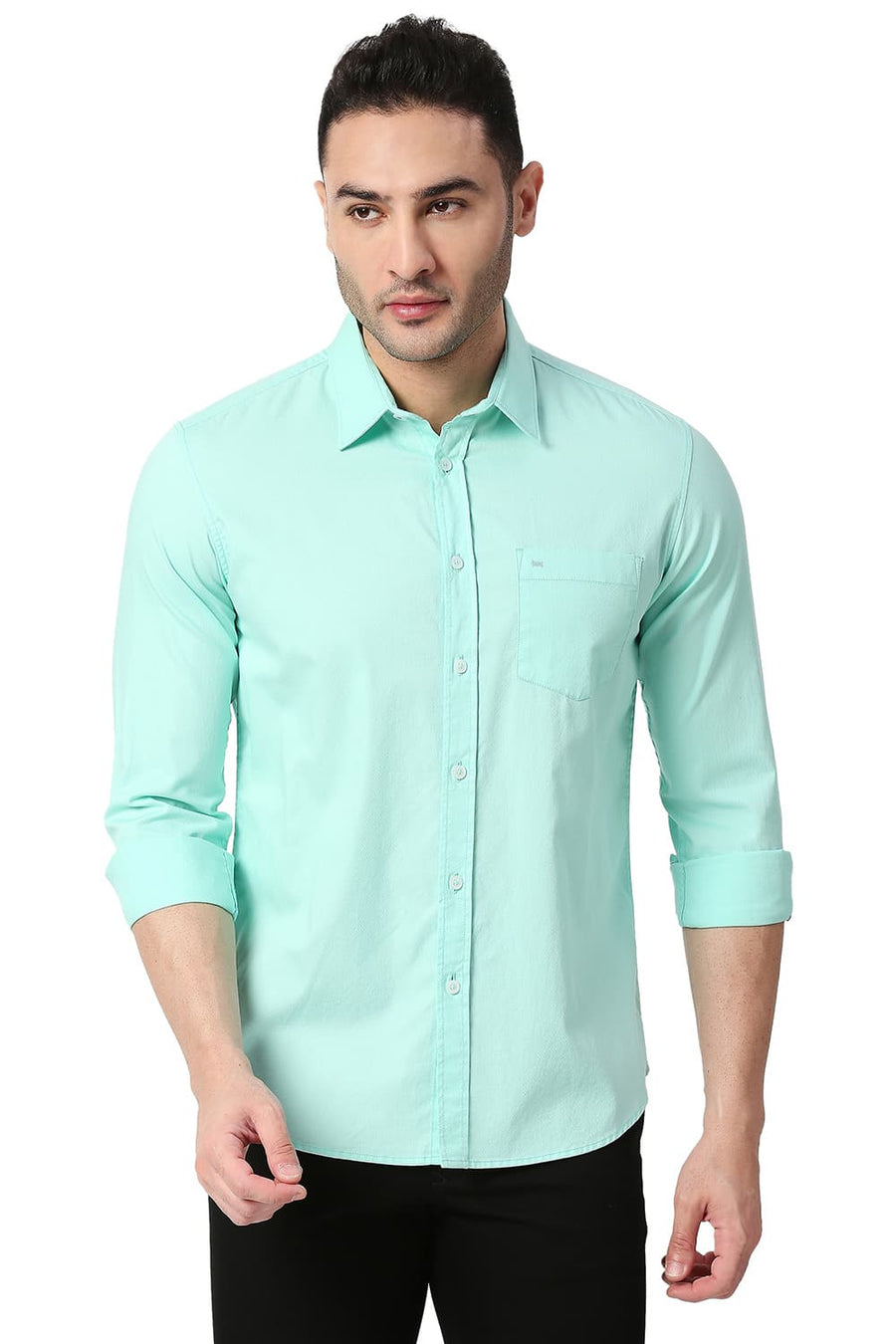 BASICS SLIM FIT BROOK GREEN COTTON DOBBY SHIRT