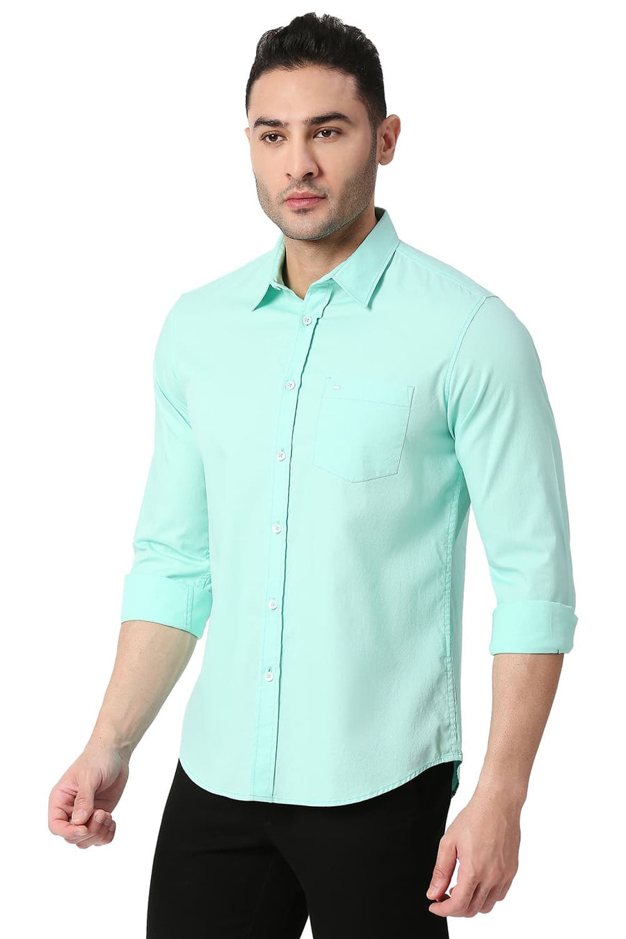 BASICS SLIM FIT BROOK GREEN COTTON DOBBY SHIRT