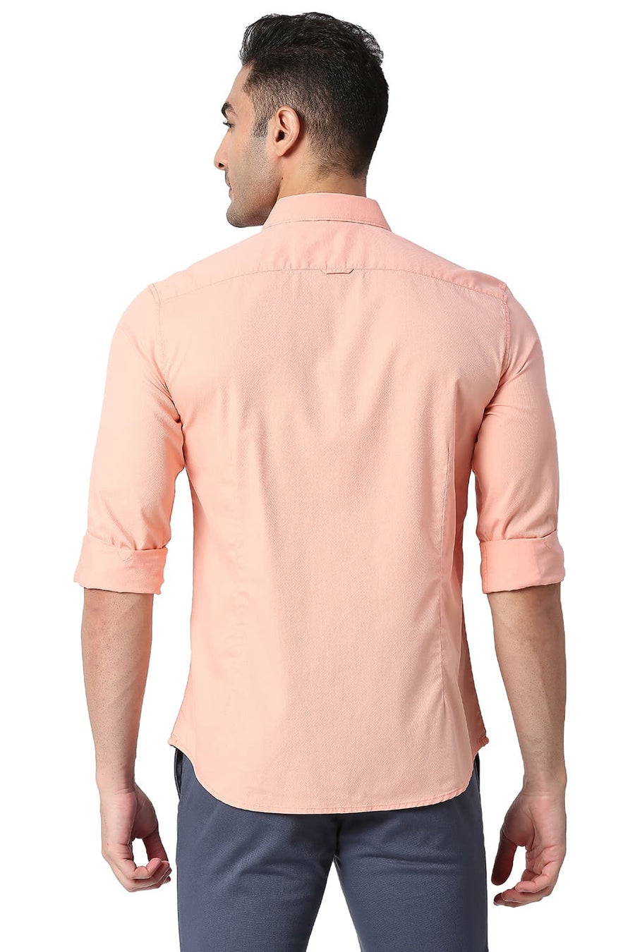 BASICS SLIM FIT SALMON PEACH COTTON DOBBY SHIRT