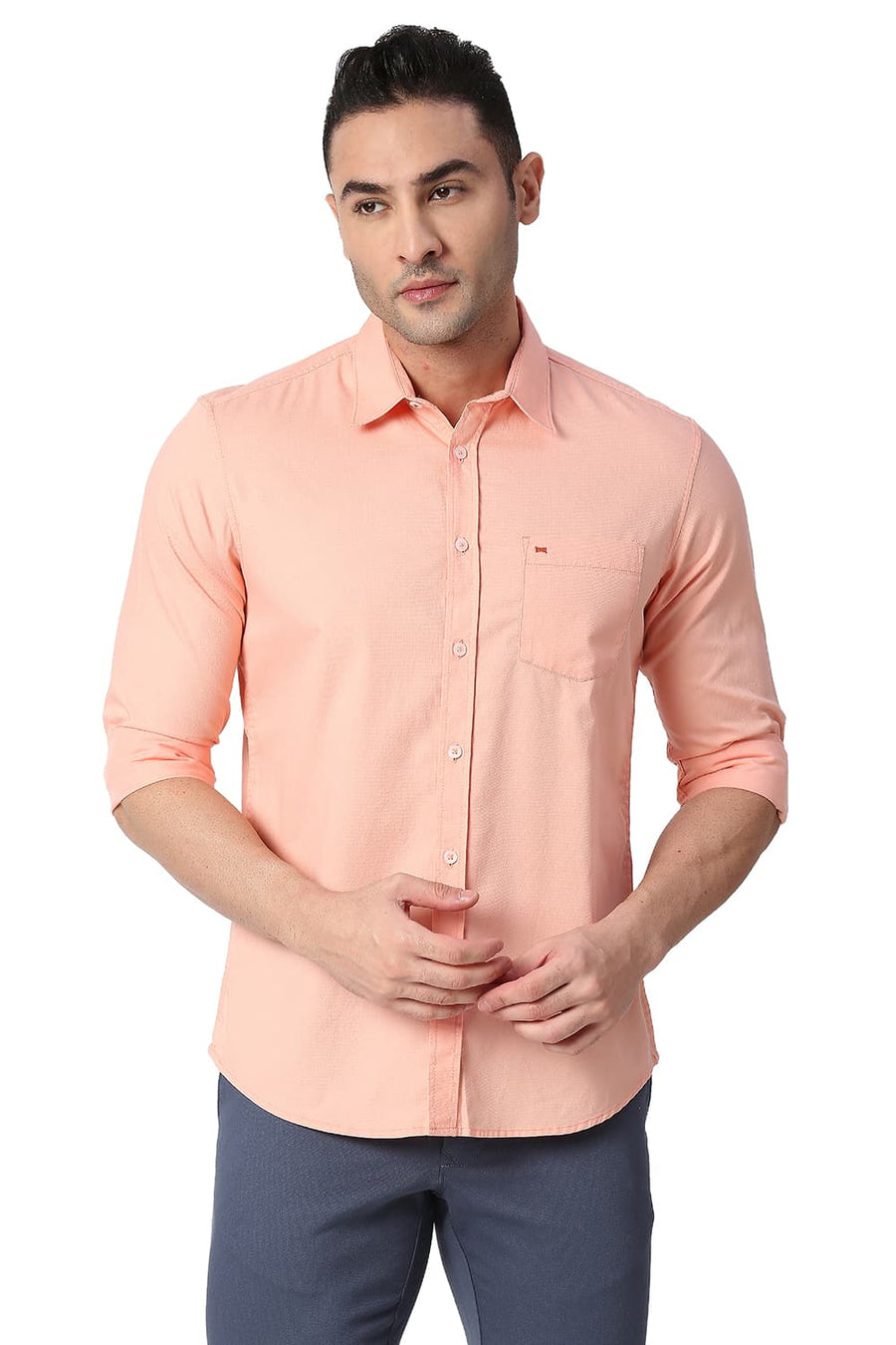 BASICS SLIM FIT SALMON PEACH COTTON DOBBY SHIRT