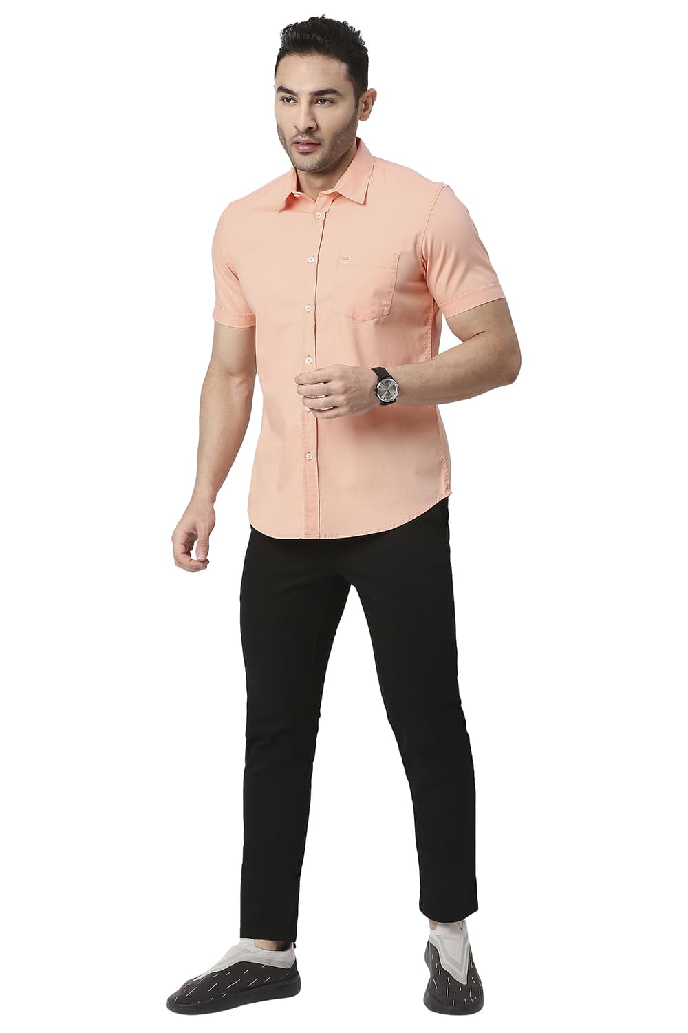 BASICS SLIM FIT COTTON DOBBY HALFSLEEVES SHIRT