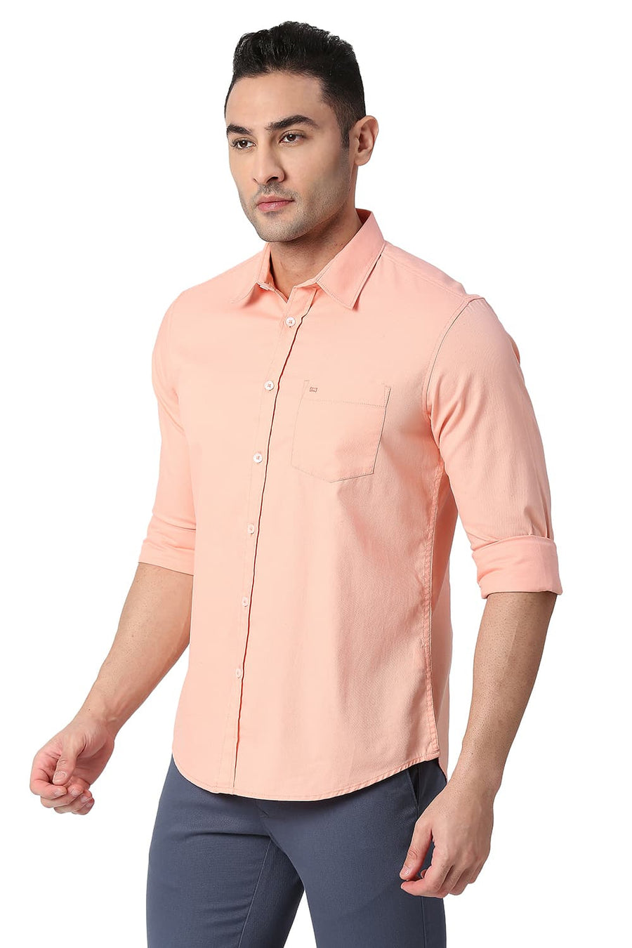 BASICS SLIM FIT SALMON PEACH COTTON DOBBY SHIRT