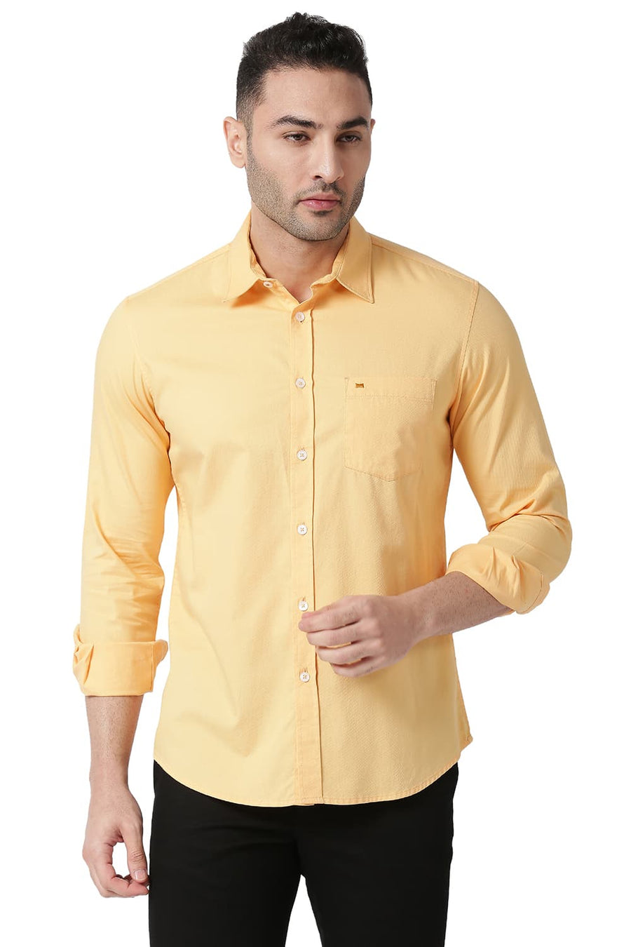 BASICS SLIM FIT APRICOT ORANGE COTTON DOBBY SHIRT