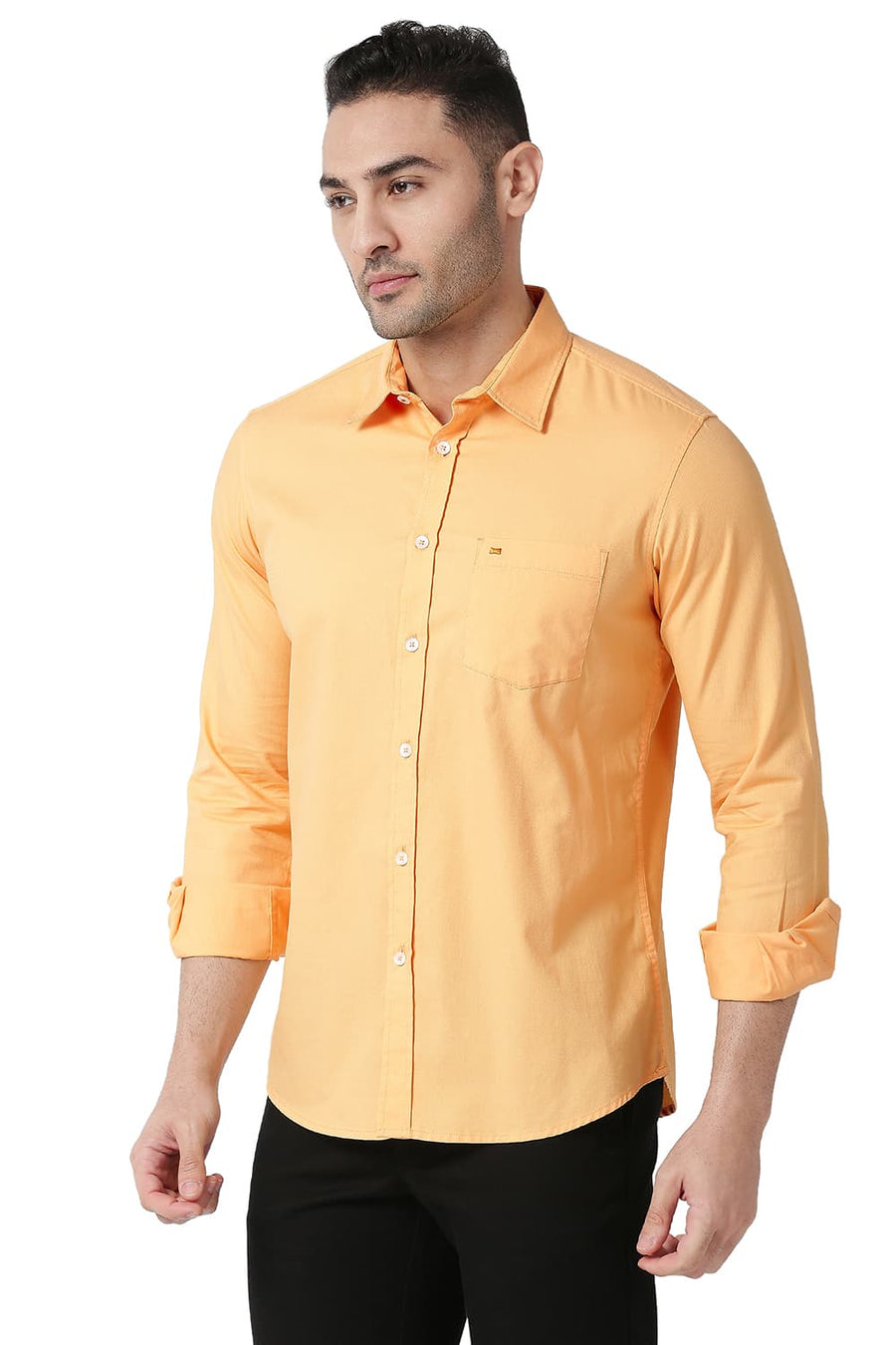 BASICS SLIM FIT APRICOT ORANGE COTTON DOBBY SHIRT
