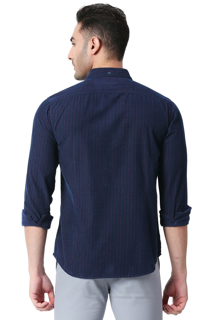 BASICS SLIM FIT SHADOW PURPLE COTTON CORDUORY STRIPE SHIRT